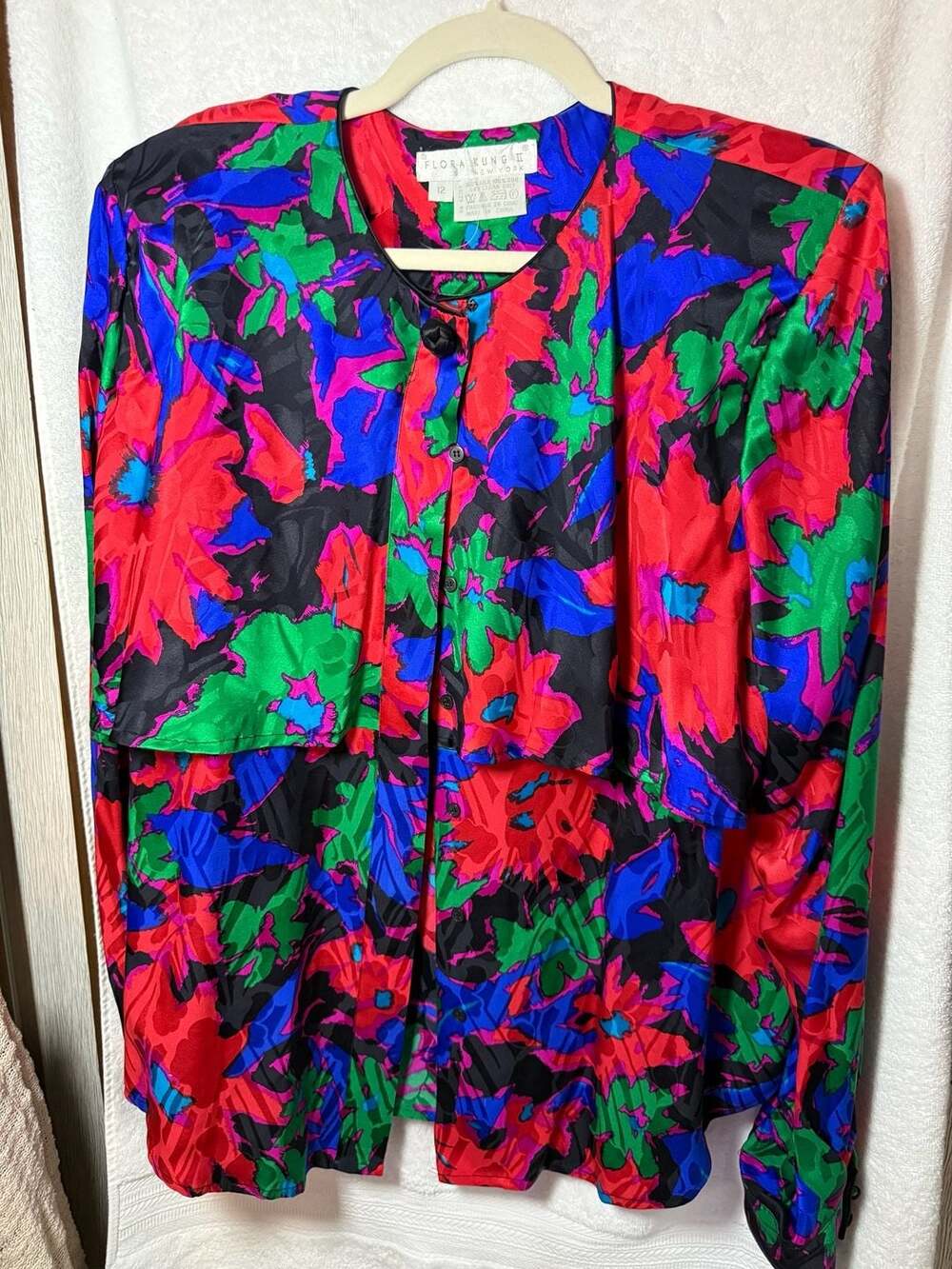 Flora Kung II New York Vintage 100% Silk Floral Button-Down Blouse Size 12